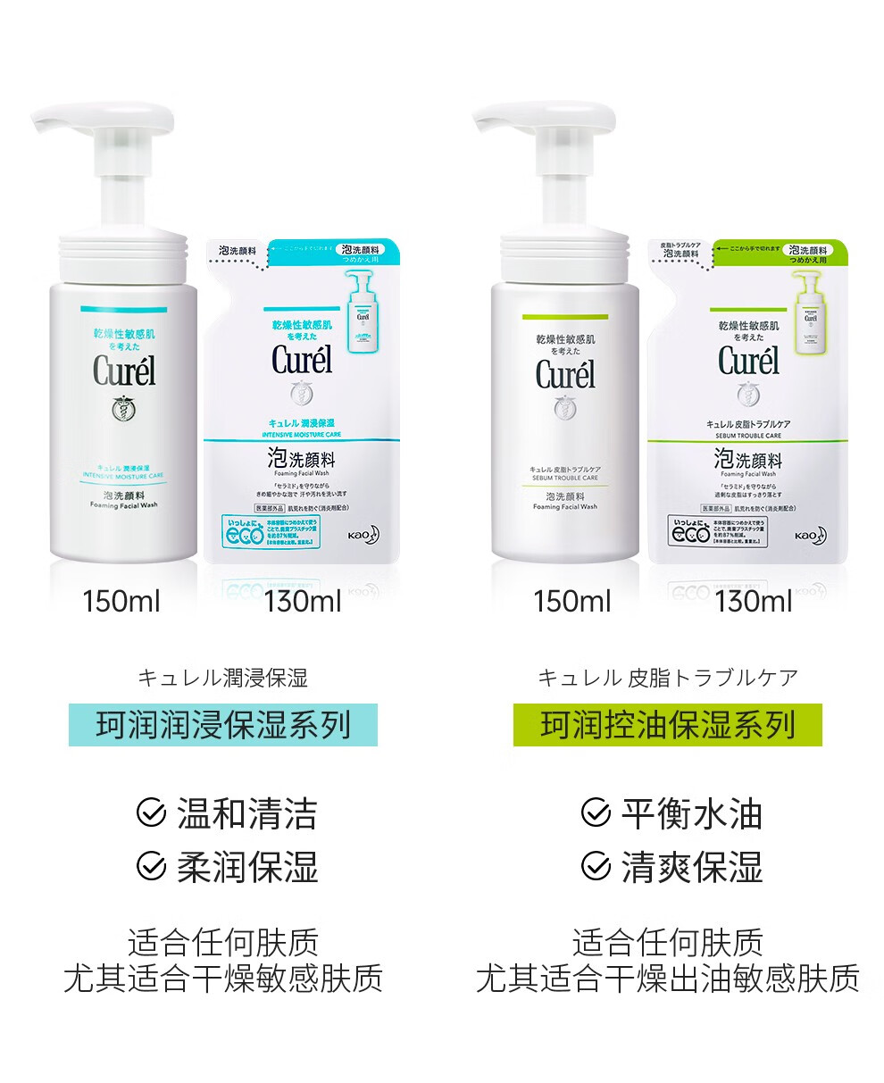 珂润（Curel）海外原装洗面奶保湿氨基酸洁颜泡沫温和清洁不刺激敏感肌男女通用 【实惠装】保湿洗面奶150ml 2瓶