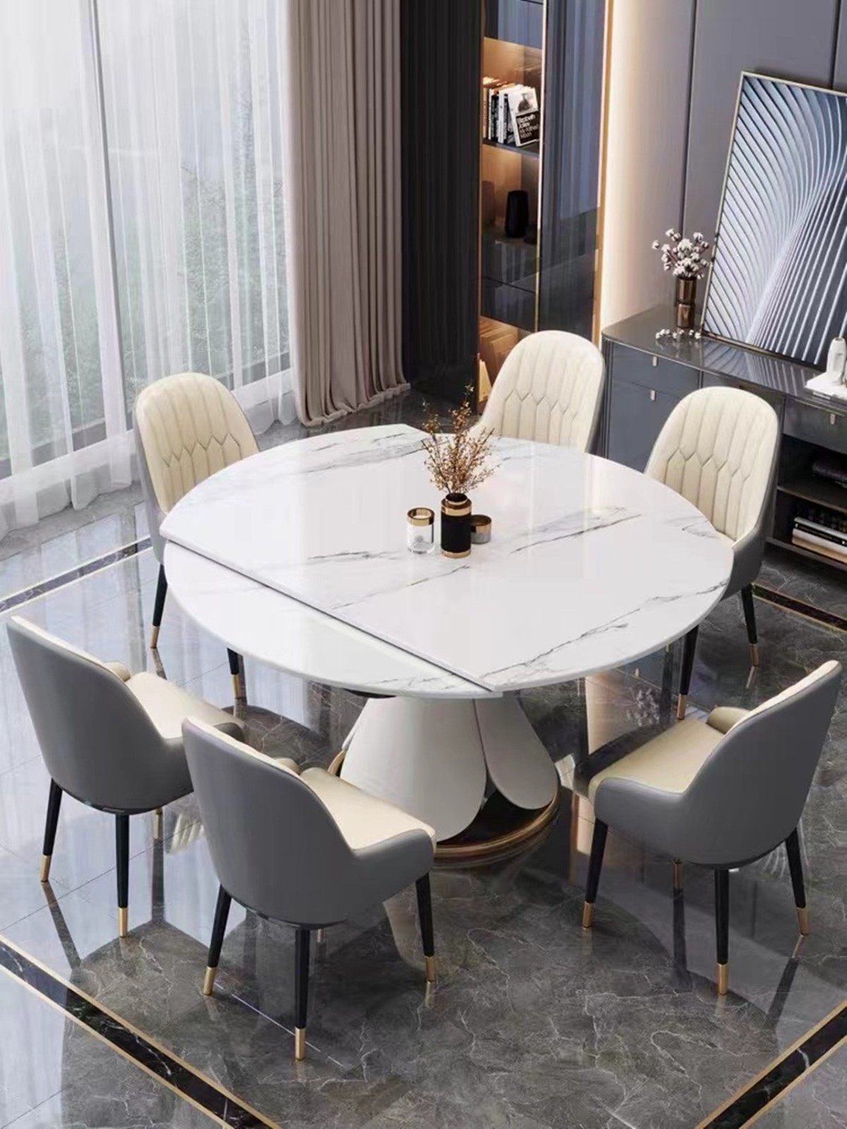 枫沃餐桌 意式轻奢进口岩板餐桌后现代旋转伸缩可折叠两用圆桌大小户型餐台多功能圆形餐桌北欧吃饭桌子 雪山白 1.2米单餐桌(带转盘/不可旋转