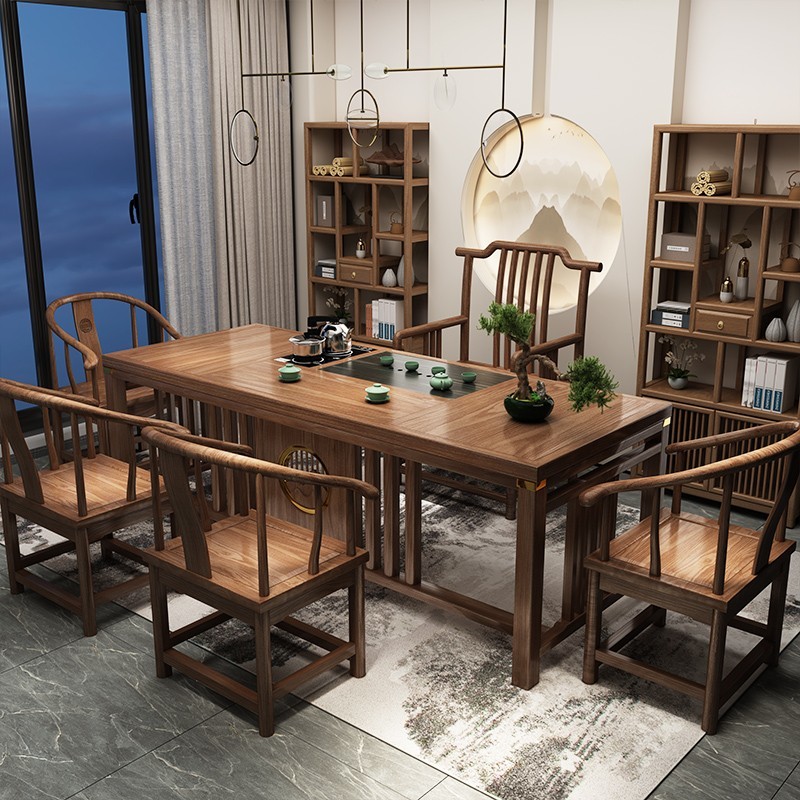 凡木匠 实木茶桌椅组合小 新中式现代简约功夫茶几桌 办公室客厅会客泡茶台套装一体阳台小户型喝茶洽谈桌 1.5m骏马+1圈4月牙