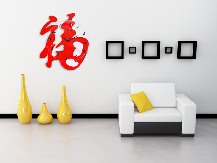 
                                        中式大福字个性静音钟表时钟时尚创意客厅挂表卧室挂钟过年装饰 红色                
