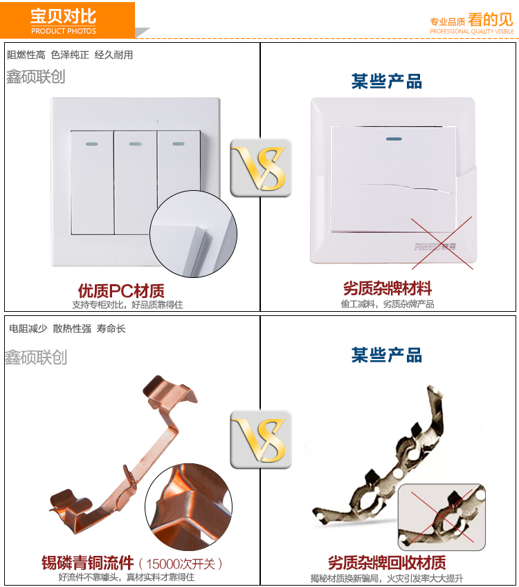 鑫硕联创开关插座 三开单控S52系列三联单控面板 雅白S301