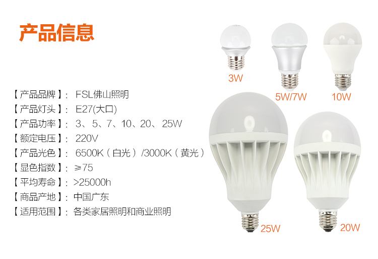 
                                        佛山照明(FSL）led灯泡e27灯泡螺口大口节能灯泡 超炫5W白光E27 5只装                
