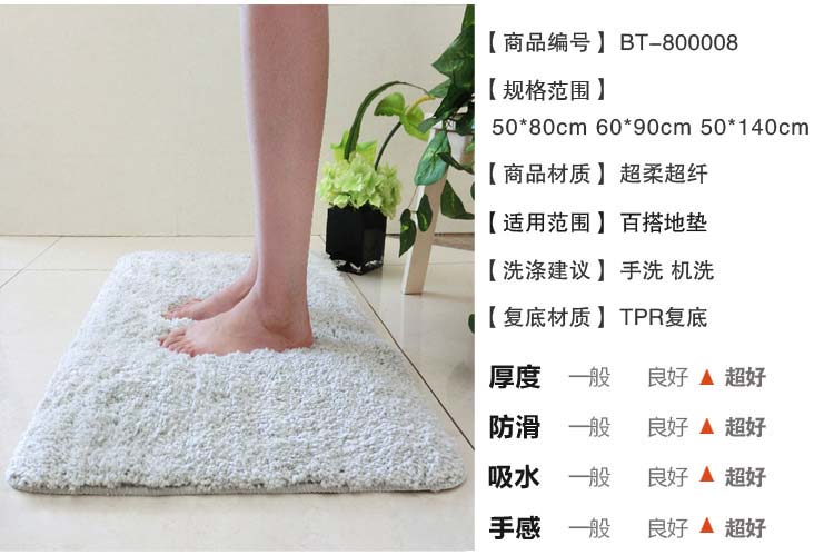 
                                        SUNGENS 加厚加密2CM长毛绒地垫 柔软床旁垫 超吸水防滑浴室脚垫 出浴沥干垫 浅灰色 60*90CM                