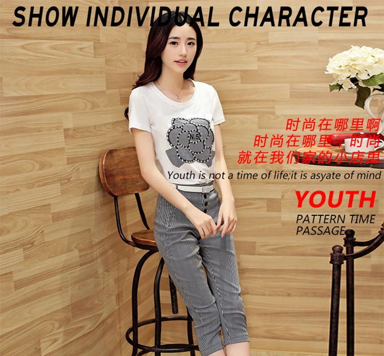 佰蓝娇2015春夏新款T恤条纹哈伦裤九分裤两件套时尚韩版套装女潮 6851款 L