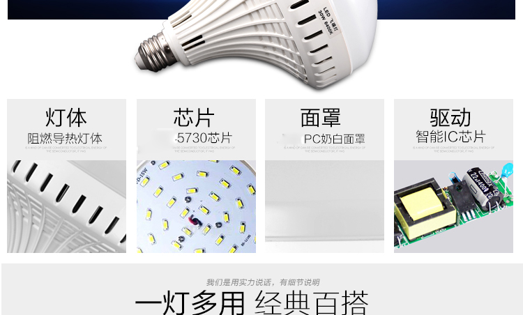 众凰 led灯泡 球泡led节能灯e27螺口圆泡车间灯仓库灯厂房灯工矿灯泡飞碟灯吸顶灯泡 30W 正白光