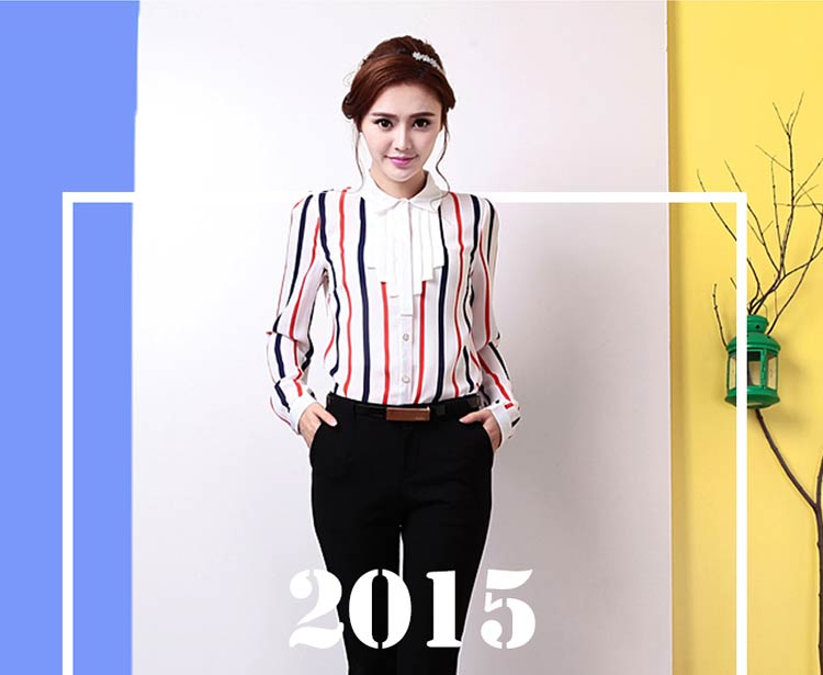 情稻 衬衫女春 2015春装新款大码女装打底衫长袖条纹衬衣修身雪纺衫女QD15C042 黄色 S