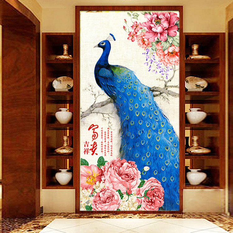 
                                        K-S十字绣客厅新款孔雀图竖版玄关走廊花开富贵孔雀开屏富贵吉祥蓝孔雀满绣 9CT棉线精准印花0.85米*1.8米                