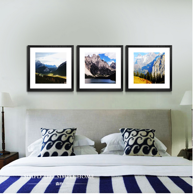 
                                        森朴 现代装饰画简约欧式客厅挂画 书房墙画餐厅壁画 山 摄影风景 3幅1套(ABC) 60*60(黑色框)                