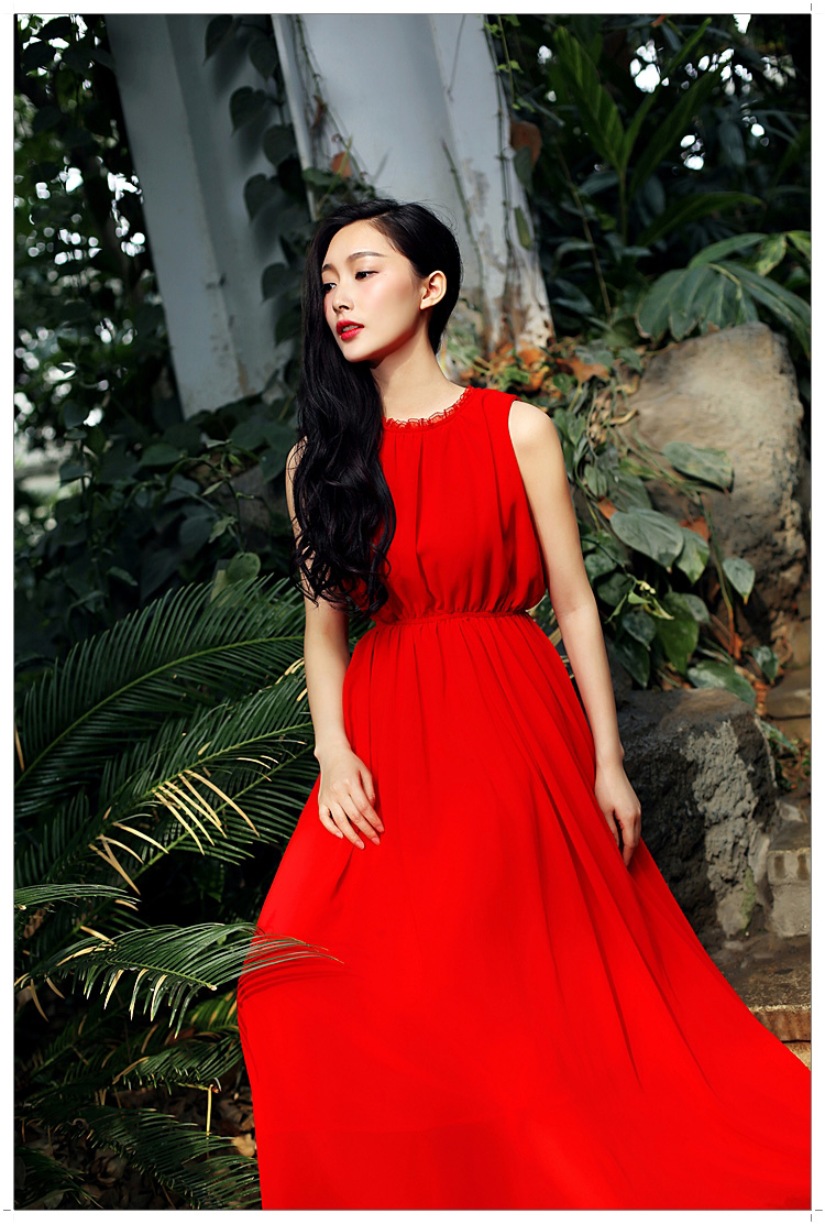 艺钟美2015夏装新款女装露背发记挂脖长裙雪纺连衣裙