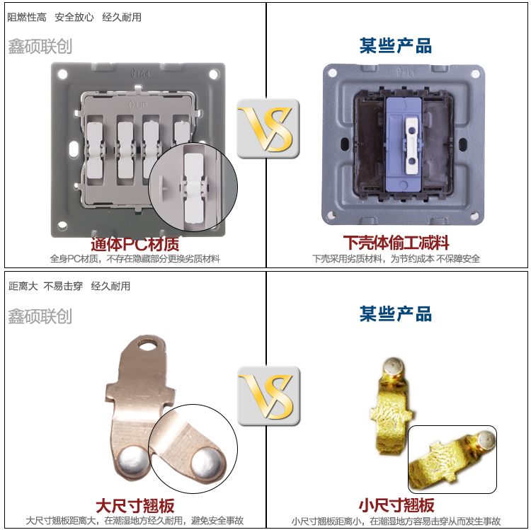 鑫硕联创开关插座 四开单控S52家装系列四联单控面板 雅白S401