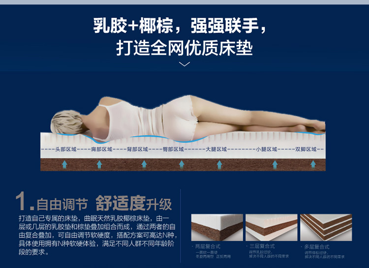 
                                        曲眠 椰棕乳胶床垫 进口斯里兰卡椰棕床垫 棕垫席梦思床垫  软硬可定做 6cm厚(含内外套) 190cm*150cm                