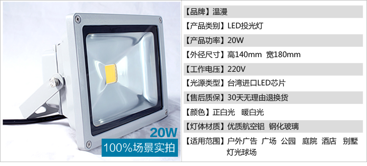
                                        温漫led投光灯20w30w50w100w户外投射泛光灯广告灯照明灯防水 正白光 100W                