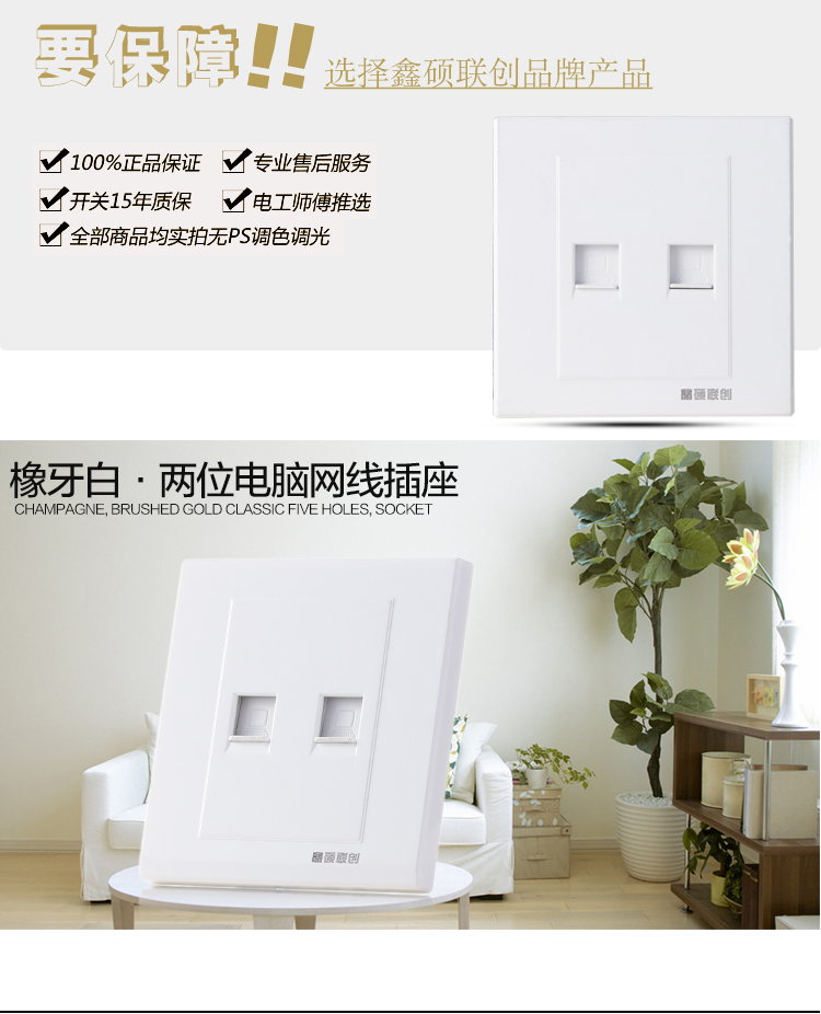 鑫硕联创两位双电脑网线插座 S52系列面板 雅白S600