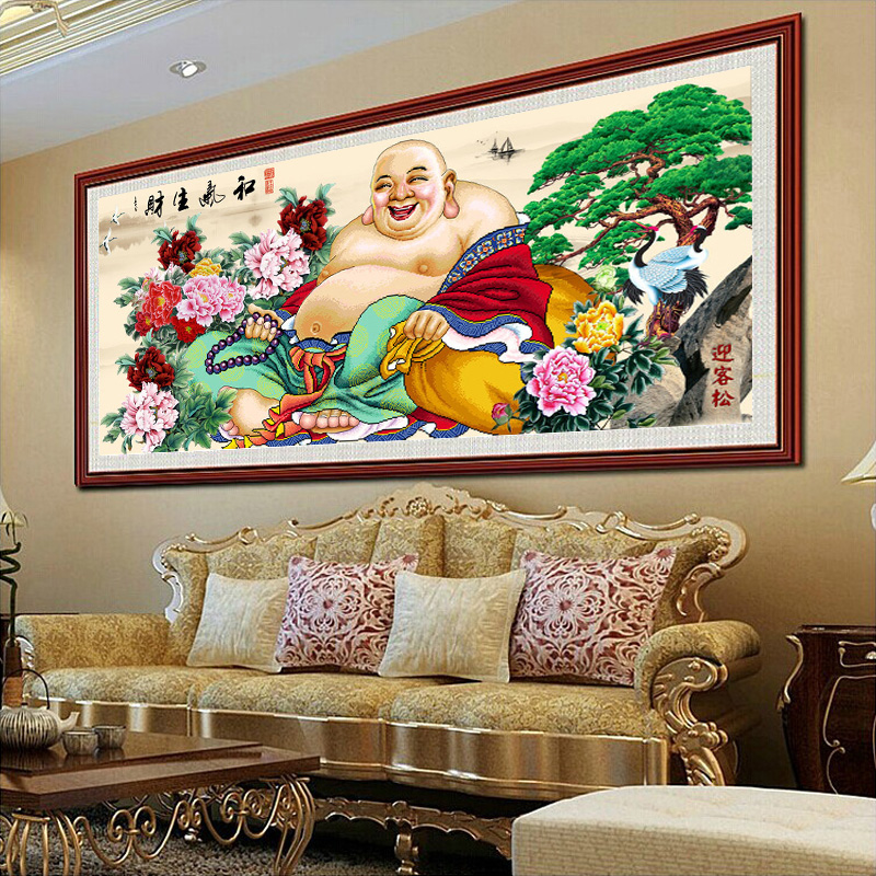 
                                        千尚十字绣客厅新款5d钻石画大幅满钻钻石绣魔方钻弥勒佛和气生财迎客松 高端定制 新款魔方圆钻全贴钻 220*90厘米+多配30%钻+免费补钻+全套工具                