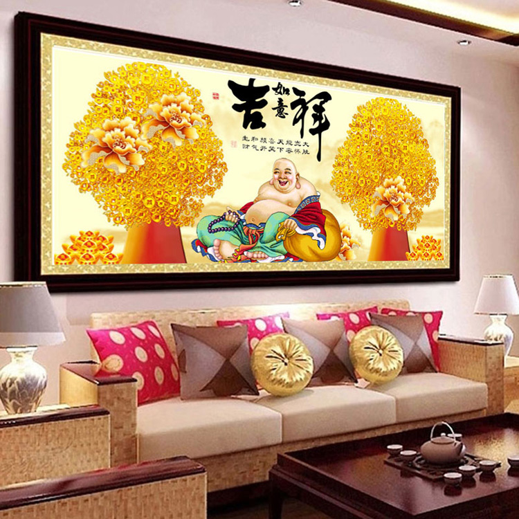 
                                        新款客厅钻石画方钻满钻吉祥如意弥勒佛发财树摇钱树玄关十字绣 横版组合180*75CM                