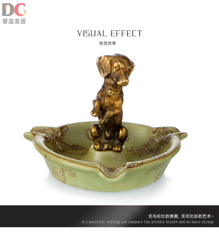 蒂高美居  古典欧式陶瓷镶铜创意动物三角三嘴烟碟摆件家居别墅客厅装饰烟灰缸工艺品