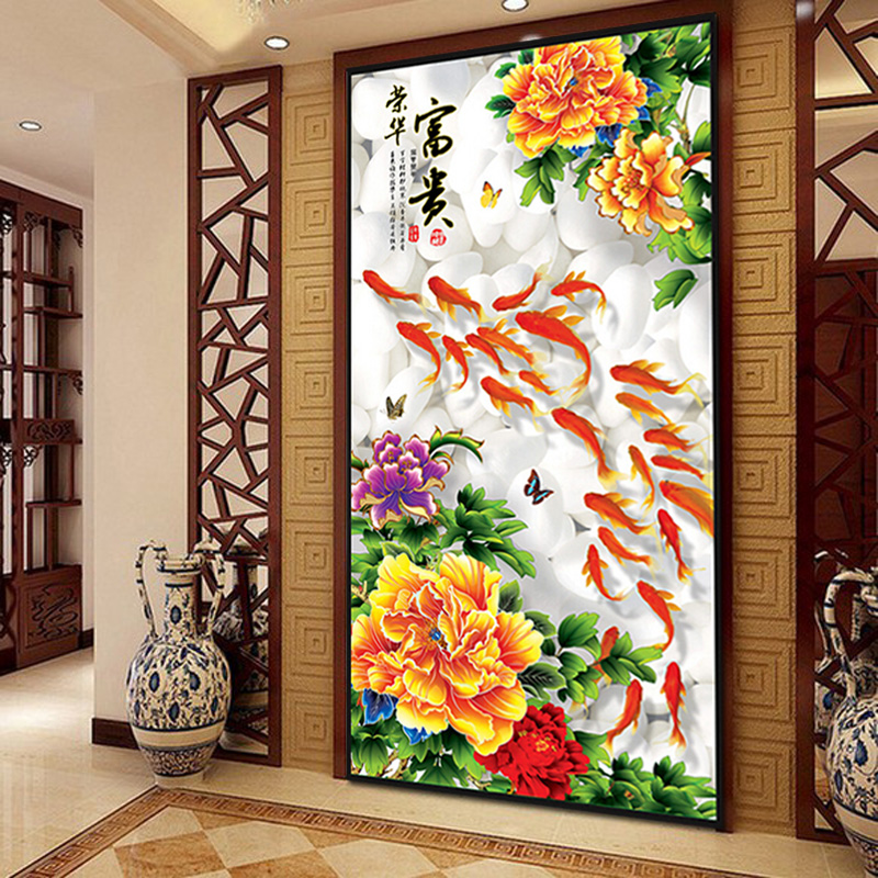
                                        千尚十字绣客厅新款5d钻石画大幅满钻钻石绣魔方钻玄关竖版花开富贵金鱼金色牡丹富贵荣华 高端定制 无缝方钻满钻全贴钻 200*90厘米+多配30%钻+免费补钻+全套工具                