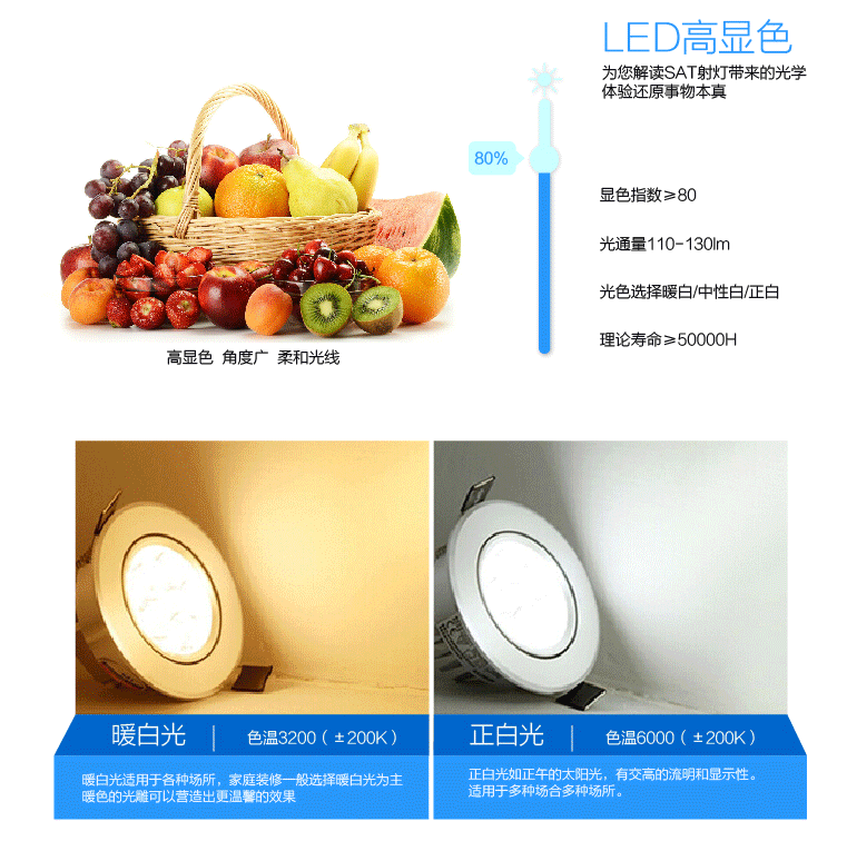 SAT照明led家居天花射灯筒灯4w全套天花灯开孔7cm-8cm圆形象牙白 圆形 4W