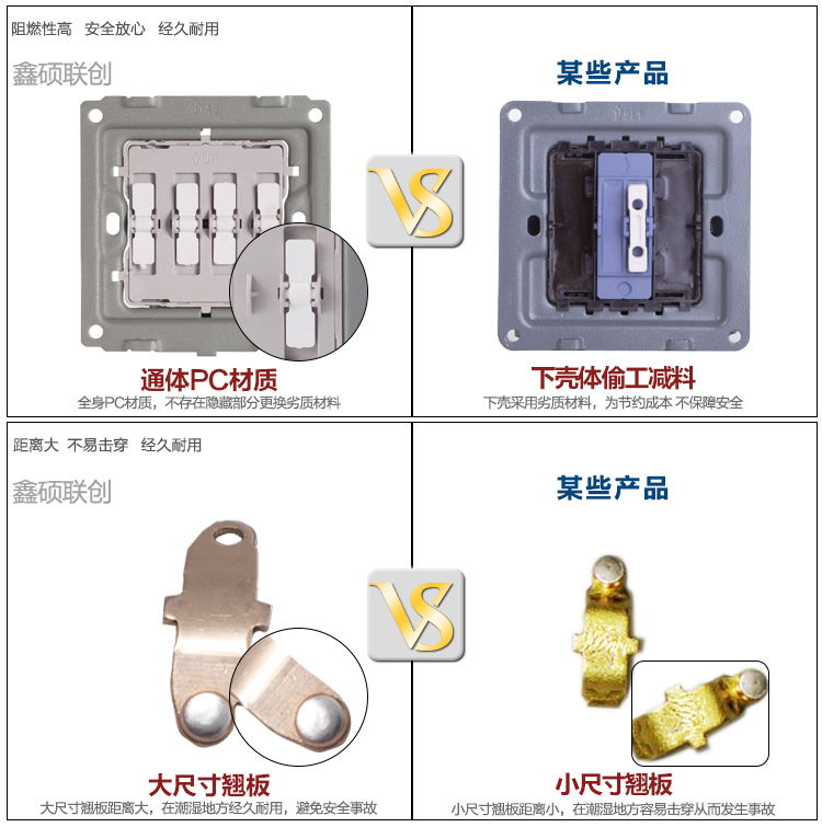 鑫硕联创开关插座面板 四开单控S85拉丝家装系列四联单控 香槟金K401