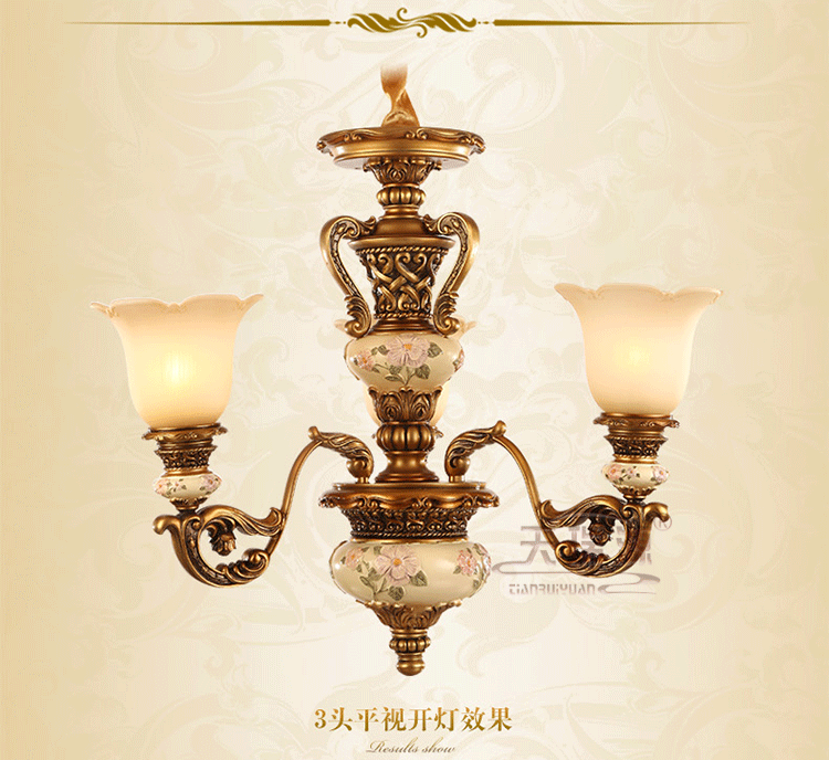 天瑞源欧式吊灯复古树脂客厅灯田园卧室灯餐厅艺术铁艺灯具简欧书房灯饰 三头朝上吊灯