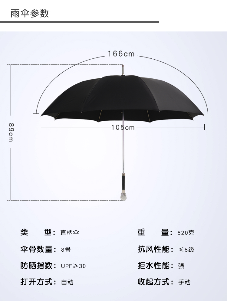 
                                        衡利高尔夫雨伞 手动直杆水晶防风男士商务伞 防紫外线绅士伞黑色雨伞 KOOL 雨伞                