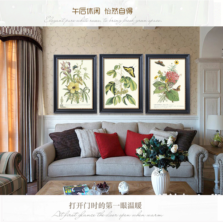有家装饰画客厅餐厅三联挂画美式乡村蝴蝶小清新植物花卉卧室有框画 B款单幅 高70*宽55cm实木框装裱