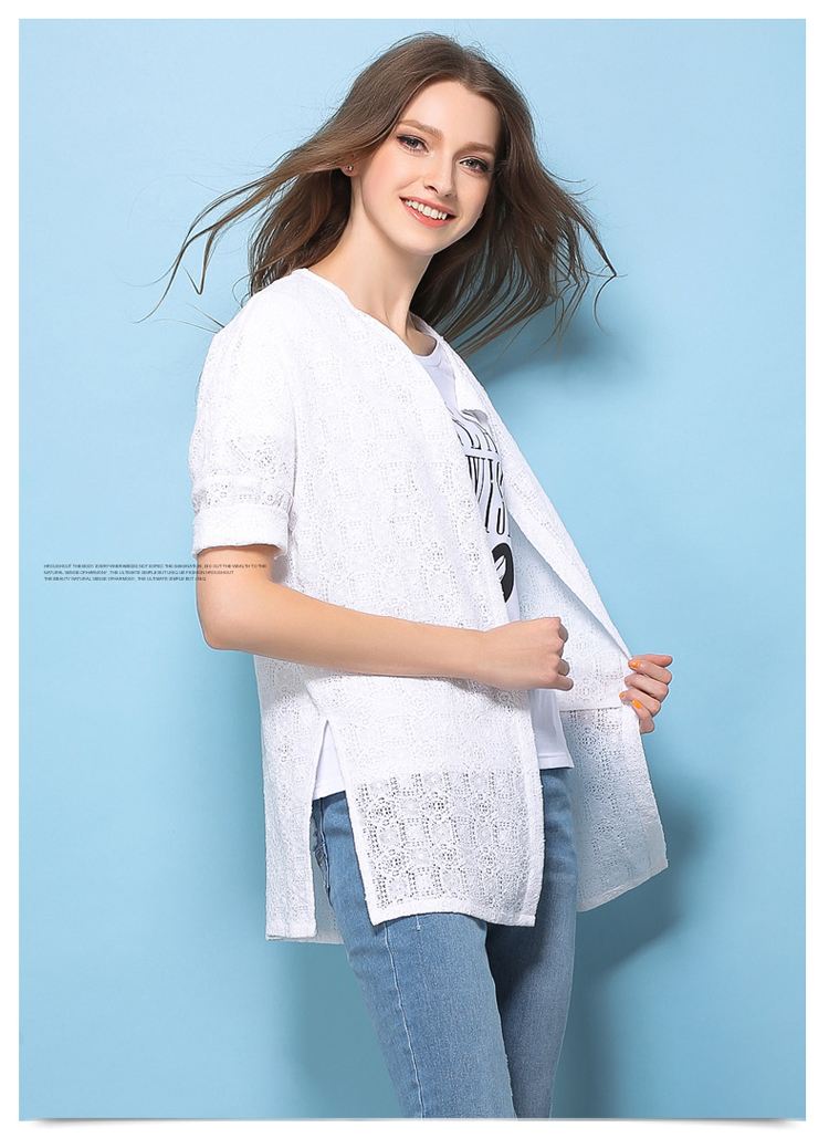 普普风2015年女装夏新款五分袖时尚蕾丝字母外套开衫外套6241 白色 L