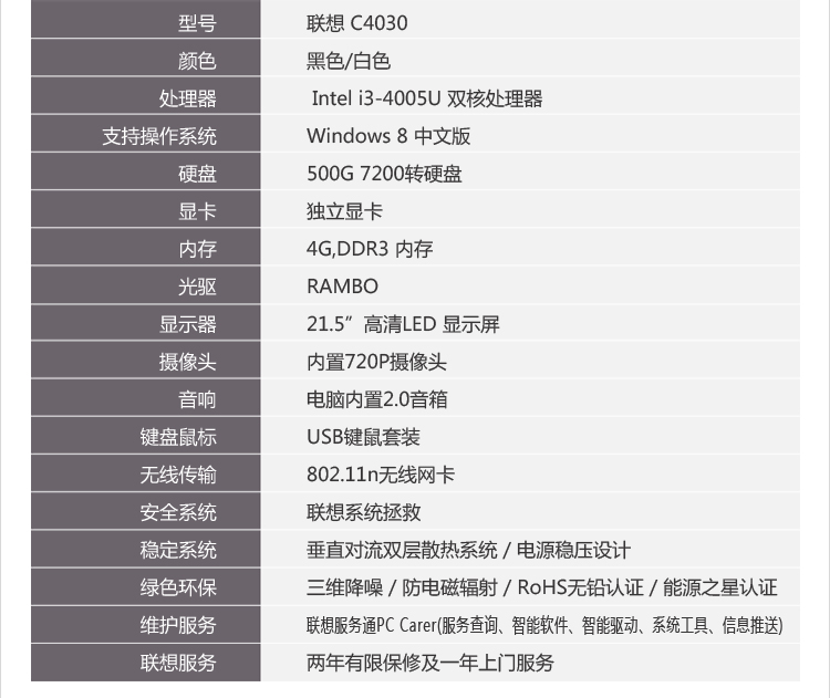 联想(lenovo)c4030 21.5英寸一体机 i3-5005u 4g 500g
