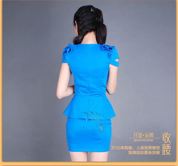 仟羽辰熙 韩版新款春夏时尚优雅修身OL分体女款职业套装 上衣+包裙GT00496 湖蓝色 L