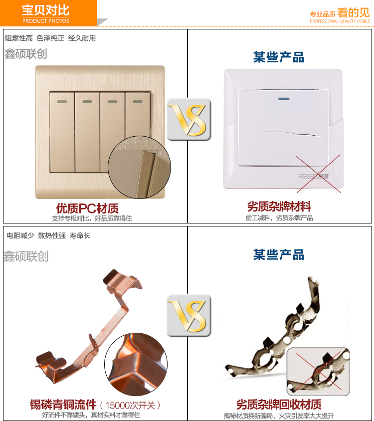 鑫硕联创开关插座面板 四开单控S85拉丝家装系列四联单控 香槟金K401