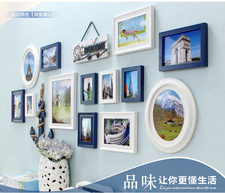 悠韵淡雅 实木照片墙 欧式客厅墙面相框墙 地中海相片墙 相框创意13框 原白两色+静沁画心