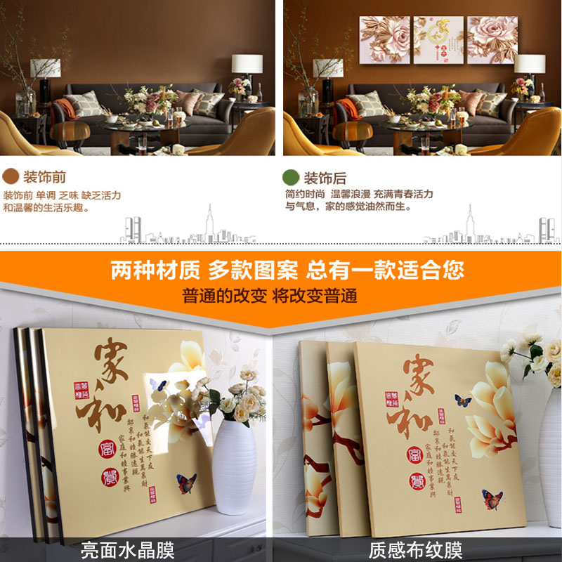 
                                                            中画家居 客厅装饰画现代简约餐厅卧室床头壁画沙发电视背景墙挂画三联无框画 富贵牡丹 9mm厚布纹膜 50*50cm                