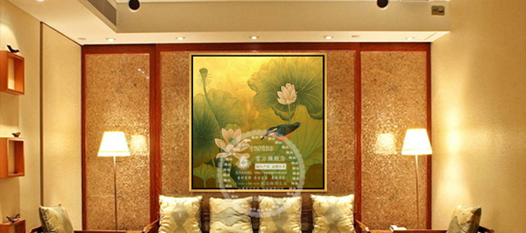 
                                        驿尚东南亚泰式油画手绘装饰画金箔画客厅玄关壁炉抽象画壁画挂画荷花荷叶画走廊喷绘画 黄色 90*90                