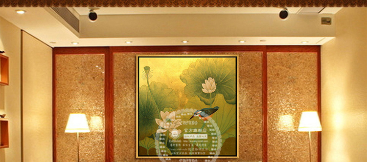
                                        驿尚东南亚泰式油画手绘装饰画金箔画客厅玄关壁炉抽象画壁画挂画荷花荷叶画走廊喷绘画 黄色 90*90                