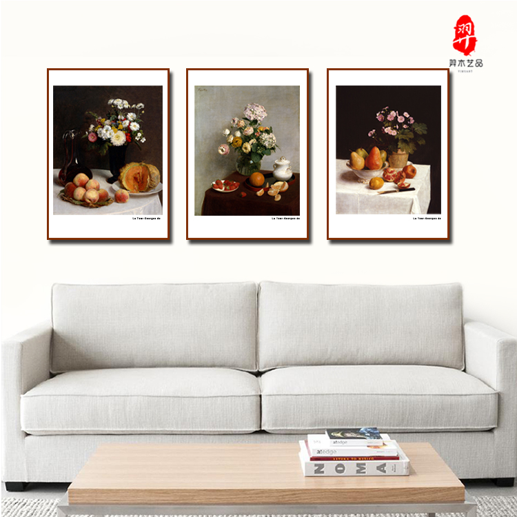 羿木艺品客厅装饰画现代简约壁画电表箱沙发背景墙画挂画酒店配画古典油画静物 电表箱装饰 三联一套 50*70胡桃色外框
