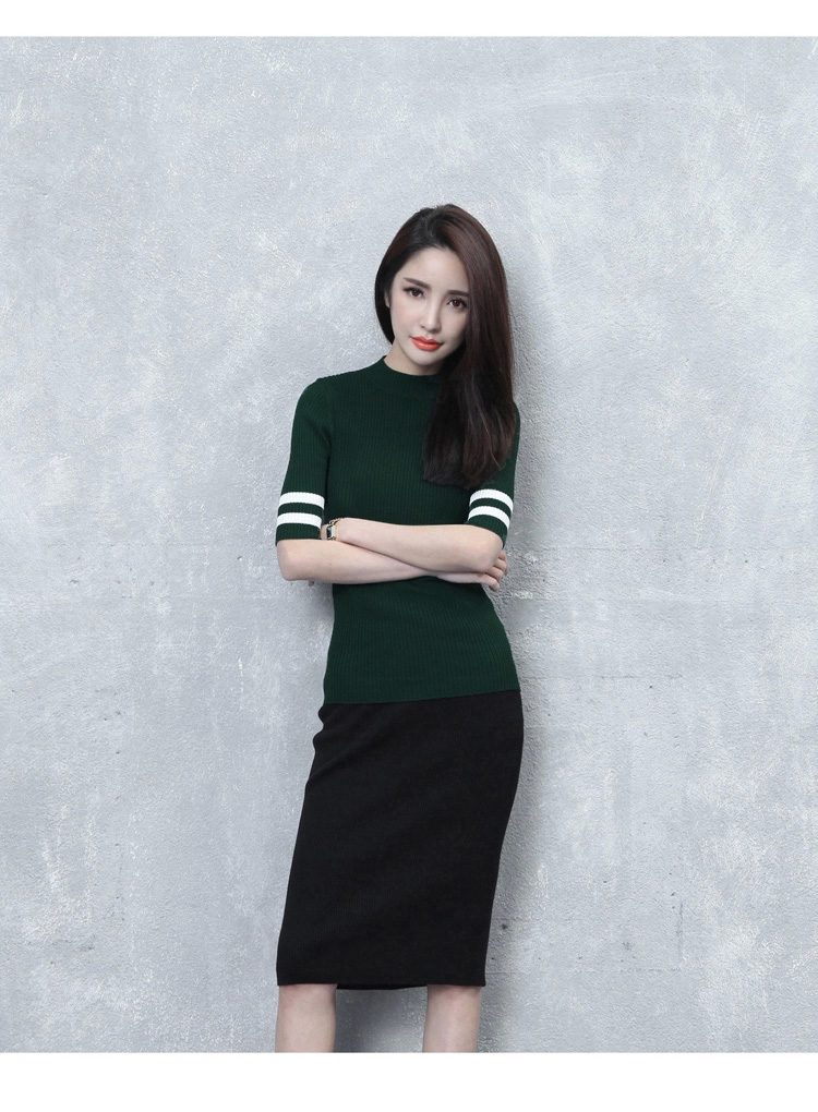 盖拉贝 2015春夏装半高领中袖T恤薄针织衫女修身打底羊毛衫短款套头 墨绿色 均码