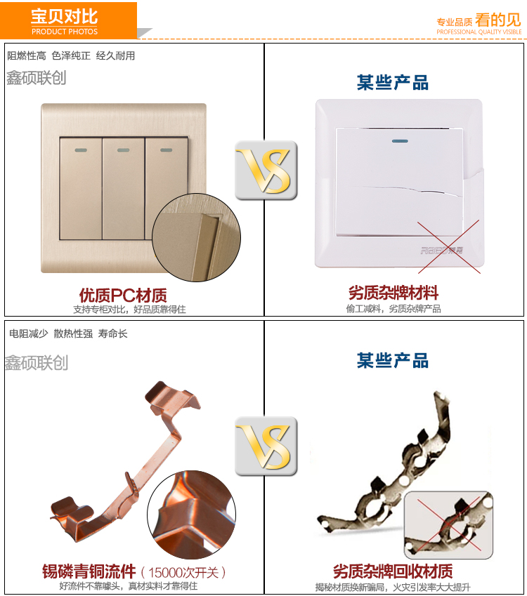 鑫硕联创开关插座面板 三开双控S85拉丝家装系列三联双控 香槟金K302