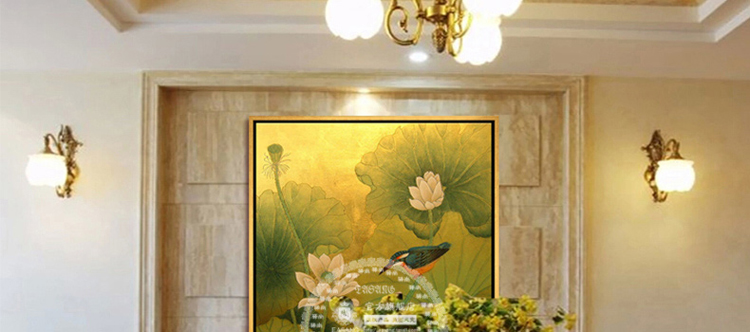 
                                        驿尚东南亚泰式油画手绘装饰画金箔画客厅玄关壁炉抽象画壁画挂画荷花荷叶画走廊喷绘画 黄色 90*90                