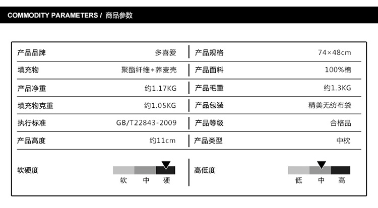 
                                        多喜爱家纺 安逸荞麦枕头 长方形单人双面枕芯/枕头 48*74cm                