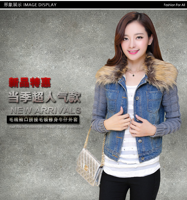 白狐传说2015秋冬装新款加厚牛仔短外套韩版修身显瘦休闲上衣时尚翻领长袖百搭单排扣小外套秋 图片色 S