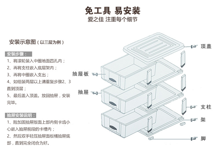 爱之佳 塑料收纳柜 抽屉式收纳柜 儿童玩具整理柜 衣物文胸收纳箱 储物箱 抽屉收纳柜 彩色 五层柜