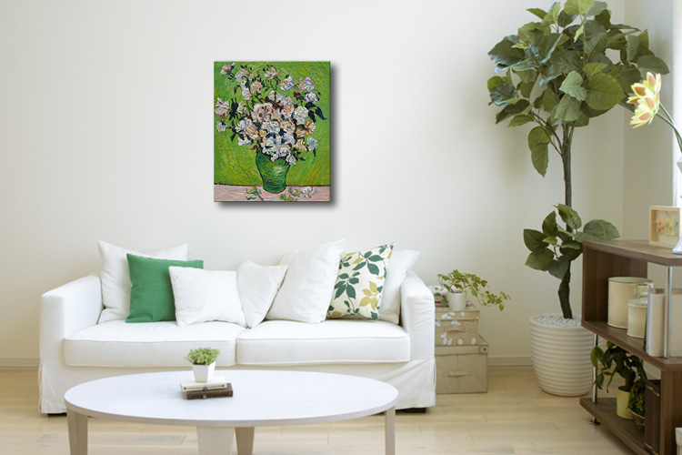 梵高 瓶子中的玫瑰花 手绘油画欧式花卉静物有框画 名画玄关卧室 印象斑斓 有框画-A款 50X60cm-画芯尺寸