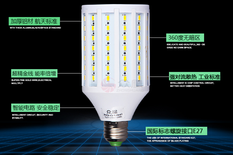 众凰 led灯泡 LED玉米灯 商场车间厂房大瓦数灯泡节能灯led灯e27螺口灯泡球泡 30W 正白