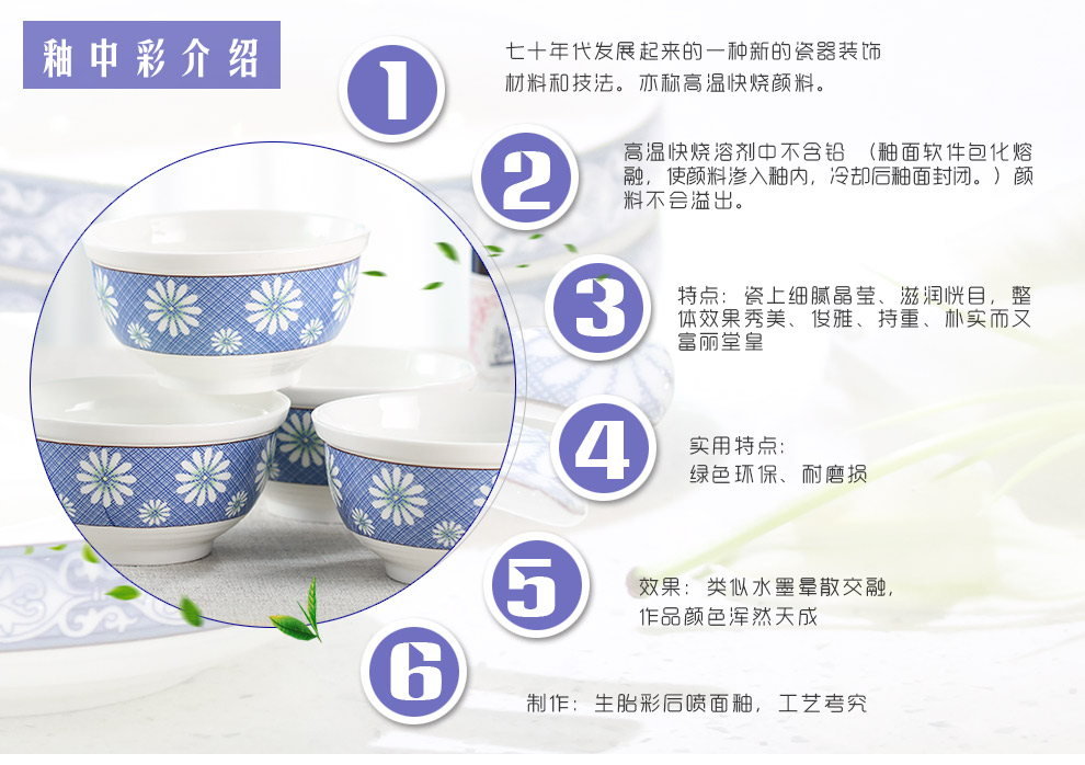 洁雅杰餐具套装 骨瓷韩式釉中彩米饭碗8英寸饭盘9英寸带盖品锅 秋韵蓝护边碗(4.5英寸) 4只装