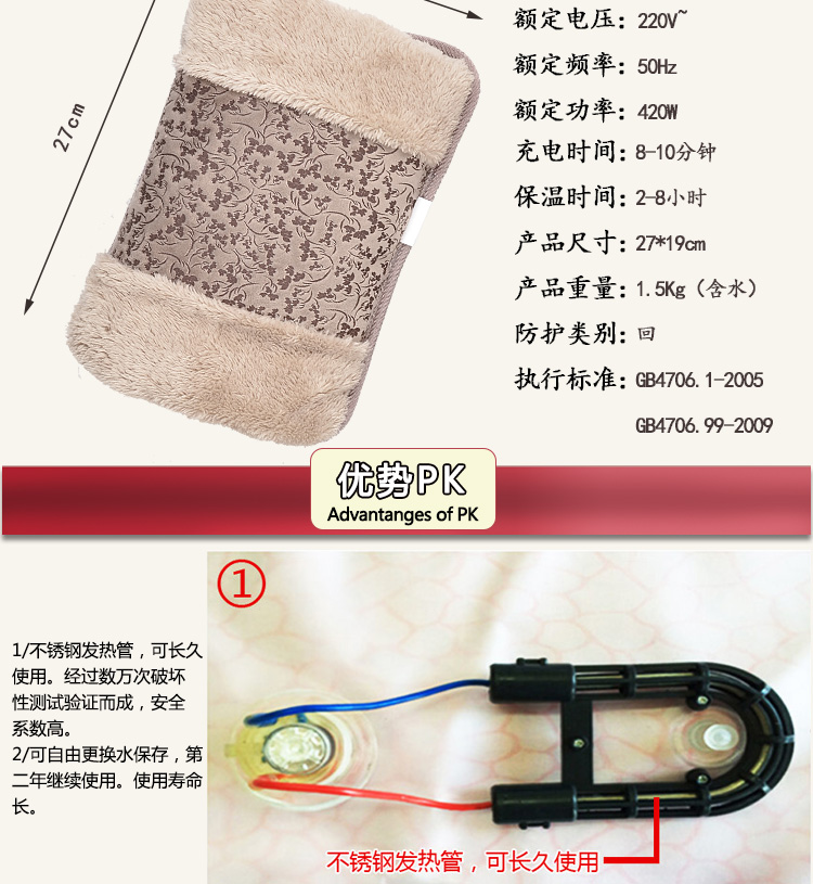 沁泰 防爆热水袋暖手宝暖宝宝 双插手 灰色