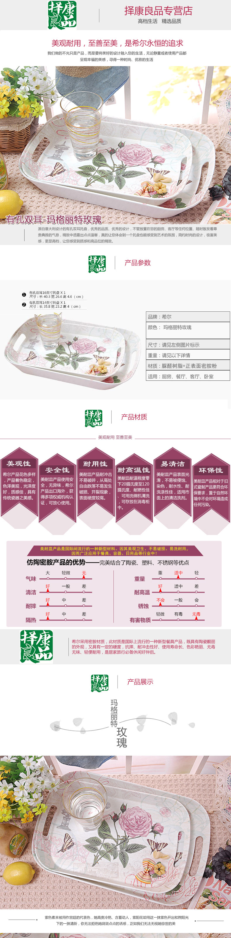 
                                        希尔 欧式长方形托盘 时尚创意茶具水杯塑料茶盘餐盘糖干水果盘 两2件套装 有孔双耳亚光托盘 玉玫瑰 两件套                