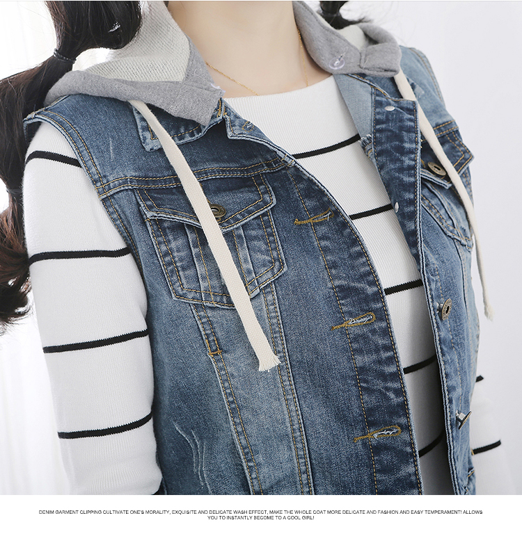 欧以纯男女装牛仔连帽马甲 秋冬新款立领女短款马甲韩版牛仔服连帽马夹背心牛仔外套 O852 蓝色 L