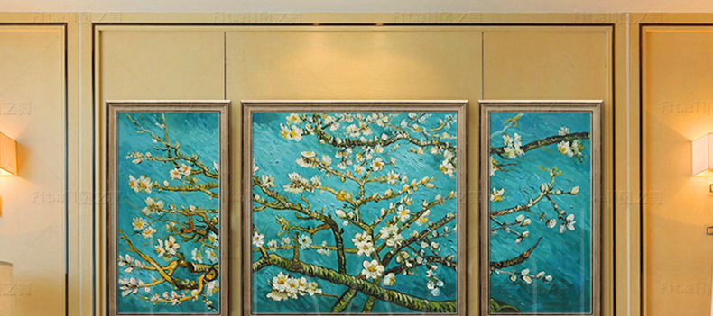 
                                        凤之舞 名画梵高手绘油画花卉盛开的杏花欧式客厅油画别墅挂画玄关装饰画三联 欧式框3 80x60                