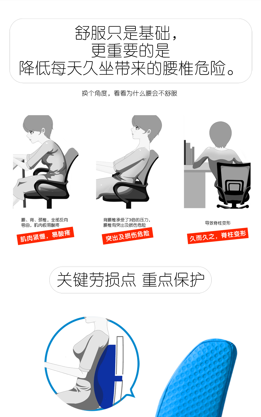 眠趣UU靠垫办公室腰靠护腰枕椅子腰垫座椅靠背垫记忆棉靠枕 动感蓝