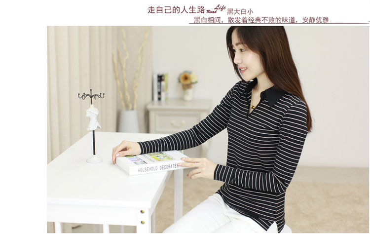 佳衣名品 2015秋装新款条纹衬衫领韩版女士上衣V领大码女装莫代尔长袖t恤 D5920 黑色 2XL